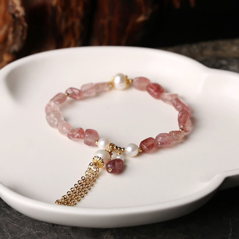 Braccialetto di guarigione dell'amore placcato in oro 14k con perle di quarzo fragola naturale