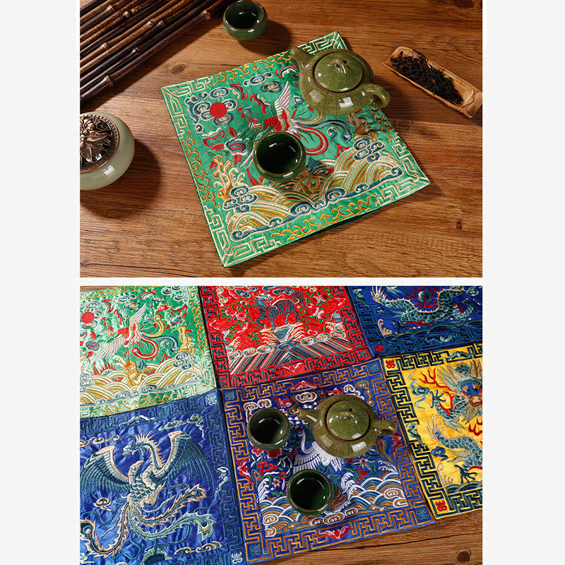 Buddha Stones Gru Fenice Drago Kirin Ricamato Tazza Sottobicchiere Tazza da Tè Quadrato Kung Fu Tappetino da Tè
