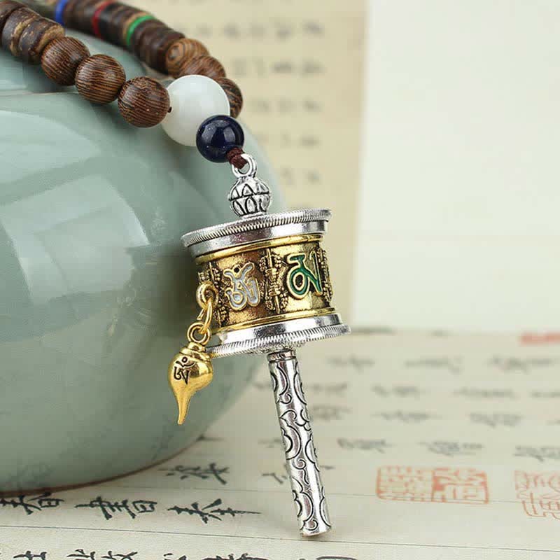 Buddha Stones Tibetano Om Mani Padme Hum Ruota della Preghiera Rotazione Vajra Collana Pendente in Legno - image 3