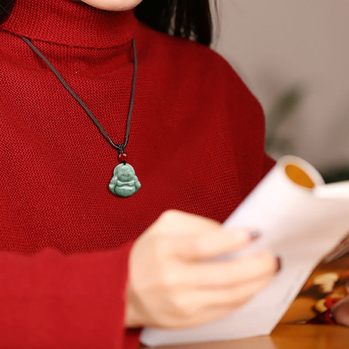 Buddha Stones Giada verde naturale Buddha che ride Collana con ciondolo di fortuna e abbondanza