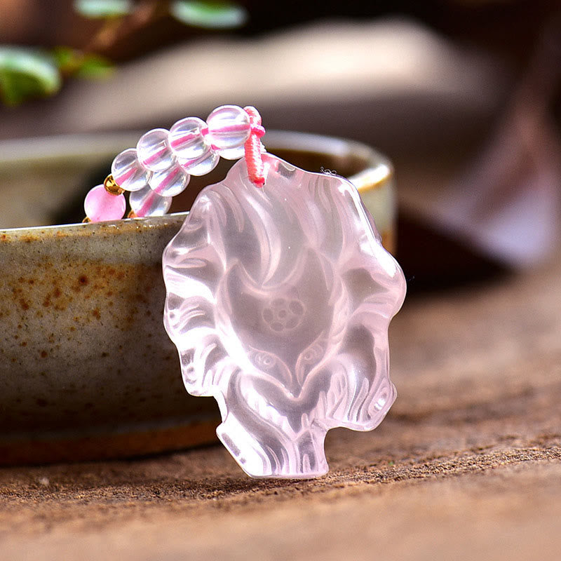 Collana con ciondolo a forma di volpe a nove code in cristallo rosa naturale Buddha Stones