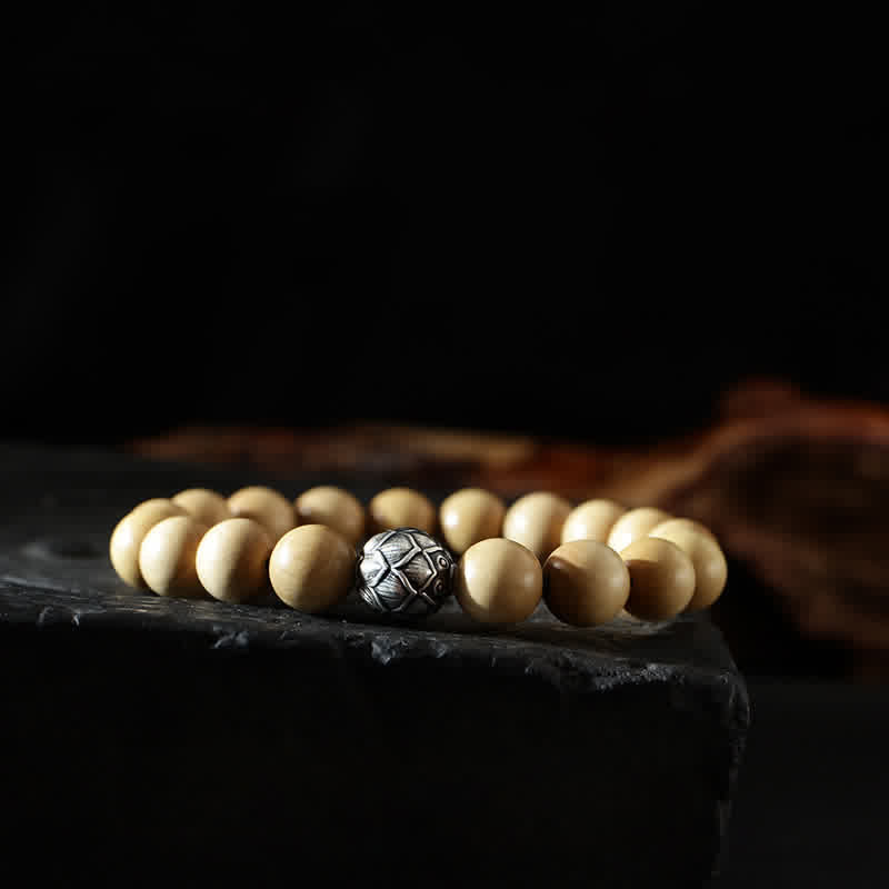 Bracciale di ricchezza e fortuna di legno di pesca del Tibet, loto, cinabro, Bagua Yin Yang