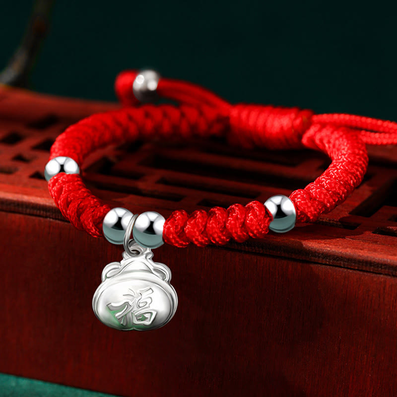 Buddha Stones 925 Sterling Silver Fatto a Mano Fu Carattere Portafortuna Sacchetto di Soldi Cinese Lucchetto Ciondolo Campana Loto Moneta di Rame King Kong Nodo Braccialetto Intrecciato per Bambini