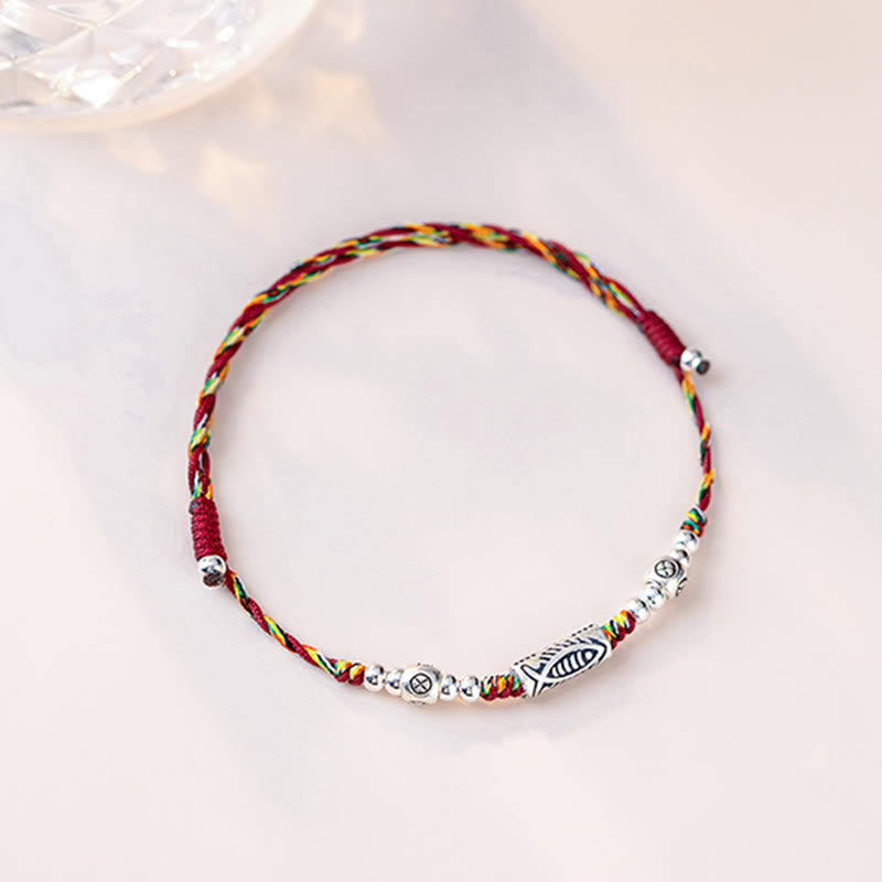 Buddha Stones 925 Sterling Silver Luck Koi Fish Braccialetto alla caviglia intrecciato con corda colorata - image 8