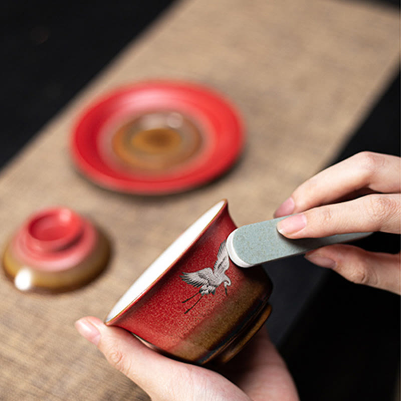 Buddha Stones Red Gru di buon auspicio Ceramica Gaiwan Sancai Tazza da tè Kung Fu Tazza da tè e piattino con coperchio
