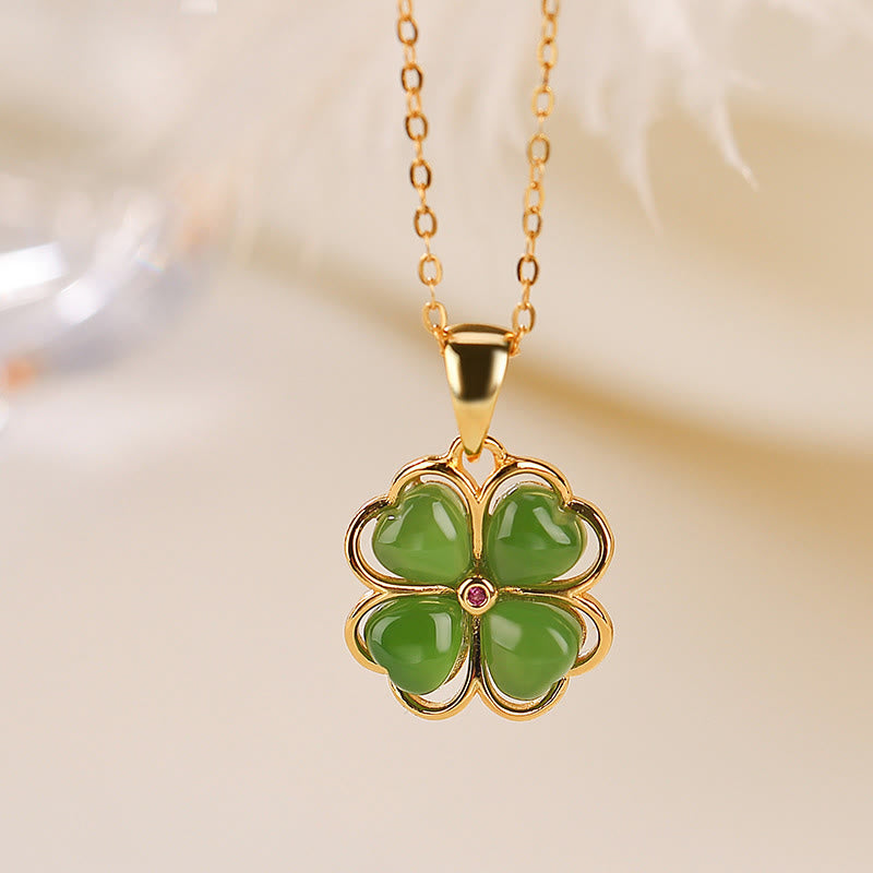 Collana con ciondolo a forma di quadrifoglio fortunato con Buddha Stones in argento sterling 925, giada ciano Hetian, guarigione
