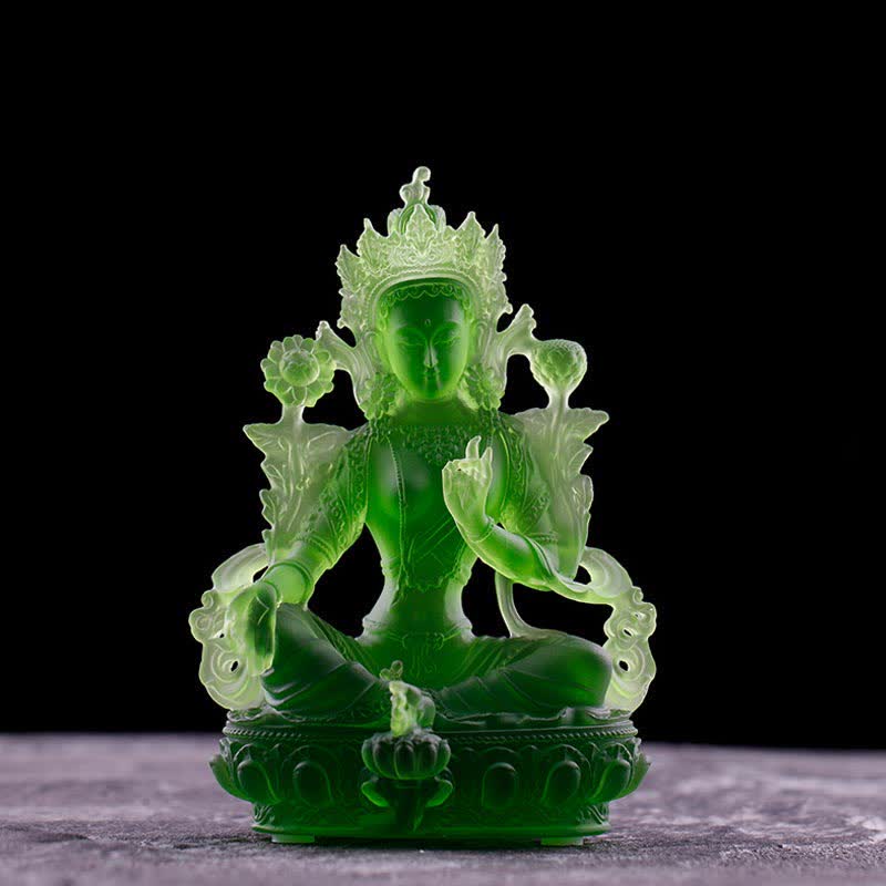 Buddha Stones Bodhisattva Tara Verde Fatto a Mano Liuli Cristallo Arte Pezzo Protezione Casa Ufficio Statua Decorazione - 8*6*12,8 cm - Tara verde - image 1
