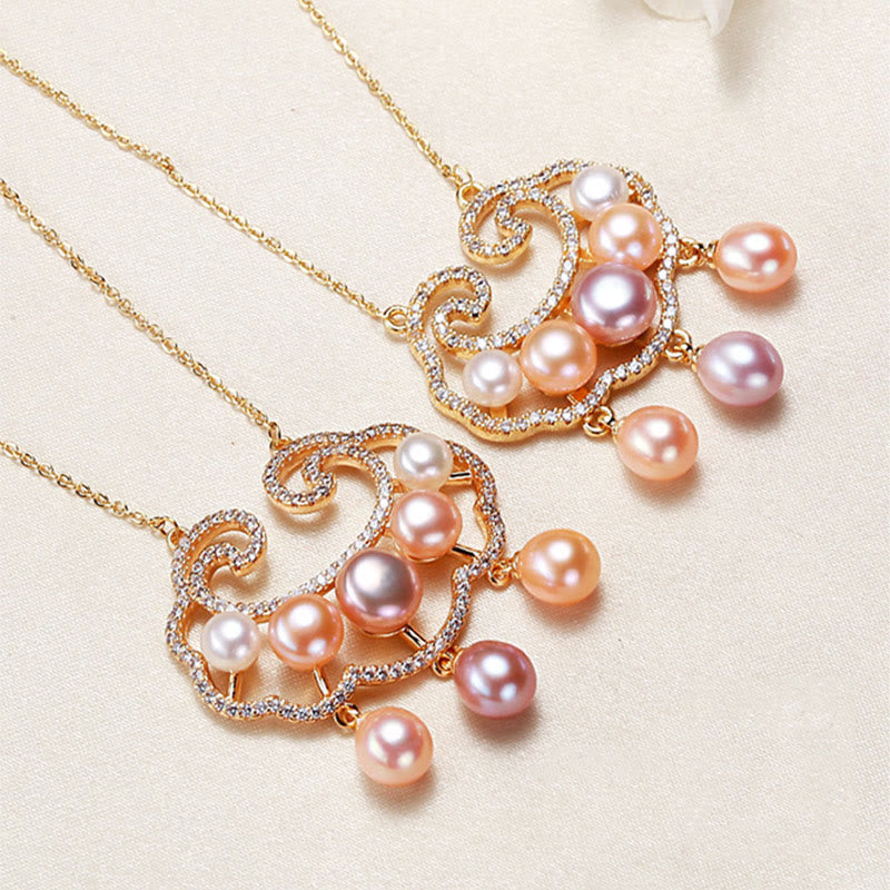 Collana con ciondolo con lucchetto cinese in perle naturali placcate in oro 18 carati, motivo : Buddha Stones