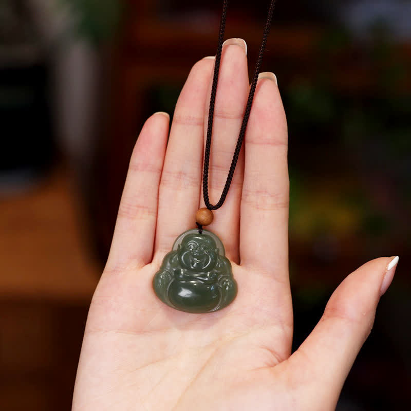 Collana con ciondolo in corda con guarigione calma in giada Hetian Buddha che ride - image 1