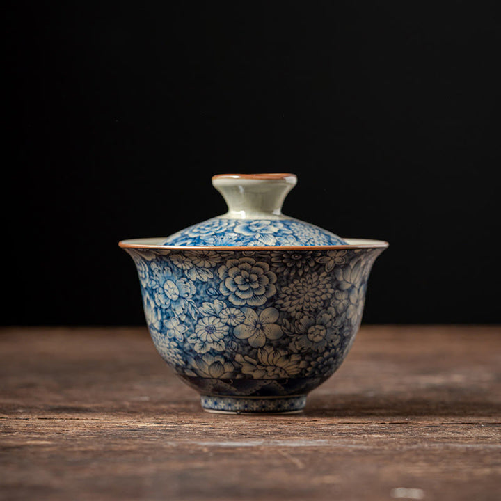 Buddha Stones Vintage Blu e Bianco Porcellana Fiore di Pesco Loto Peonia Ceramica Gaiwan Sancai Tazza da Tè Kung Fu Tazza da Tè e Piattino con Coperchio - 10 cm * 9 cm * 160 ml - image 12