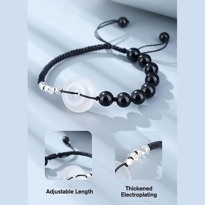 Bracciale Buddha Stones 925 Sterling Silver Ossidiana Nera Agata Fibbia della Pace Forza