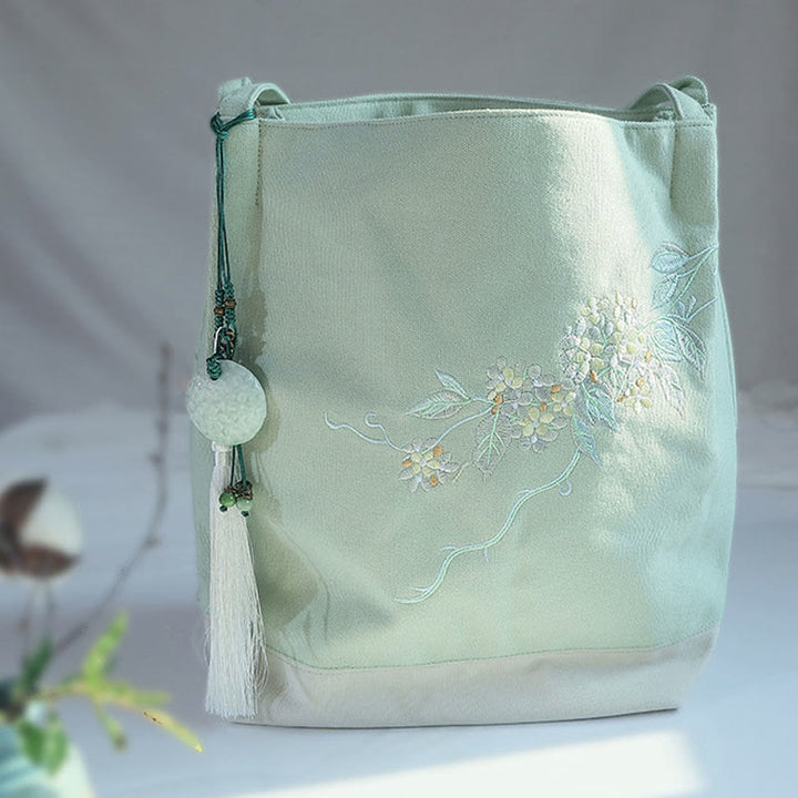 Buddha Stones Flower Crane Plum Blossom Ricamo Tela Grande Capacità Borsa a Tracolla Tote Bag