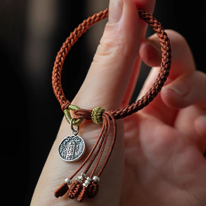 Braccialetto intrecciato in corda con cinque direzioni in argento sterling 925 fatto a mano con Buddha Stones, divinità della ricchezza, fortuna e protezione
