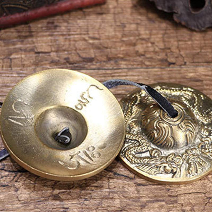 Buddha Stones Campana tibetana Tingsha Sei parole vere Drago Rame Bilancia Decorazione con borsa