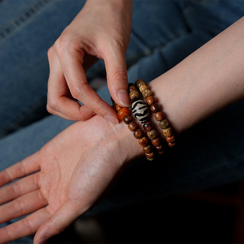 Buddha Stones Semi di Bodhi Tibetano Ambra Perline Dzi Agata Zakiram Dea della Ricchezza Perline Bracciale Triplo Avvolgimento