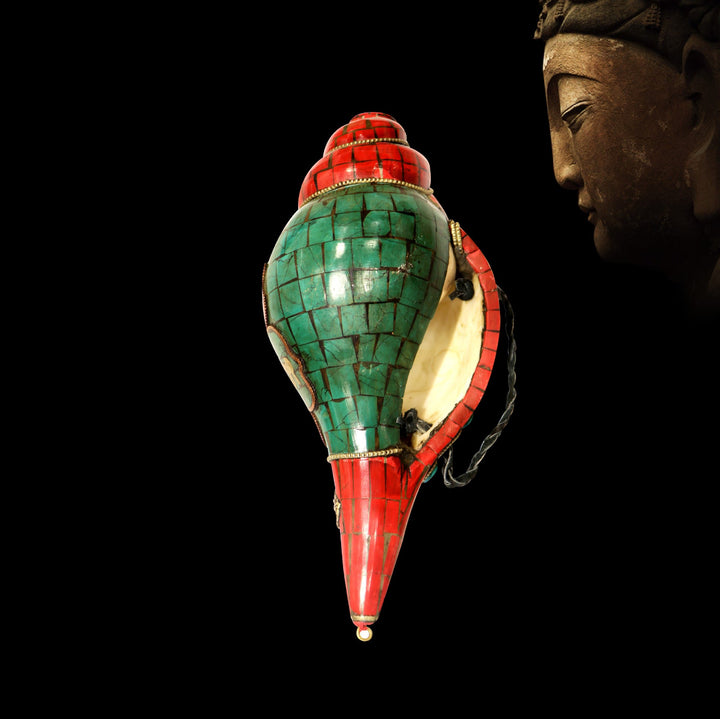Shankha tibetano fatto a mano Om Mani Padme Hum Buddha Conch Shell Decorazione fortunata - image 12