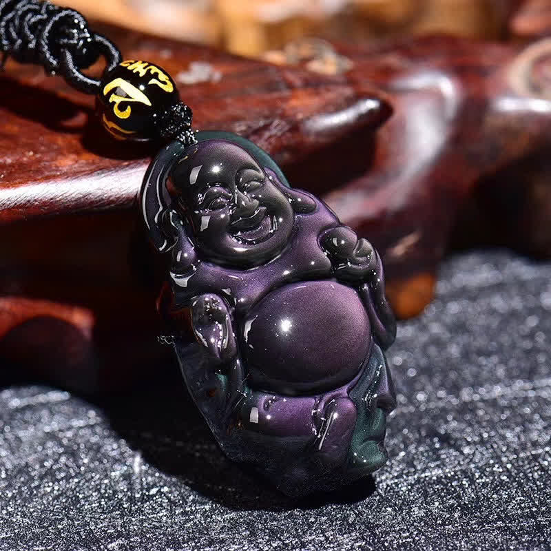 Collana con ciondolo Buddha che ride in ossidiana arcobaleno naturale con pace interiore - image 3