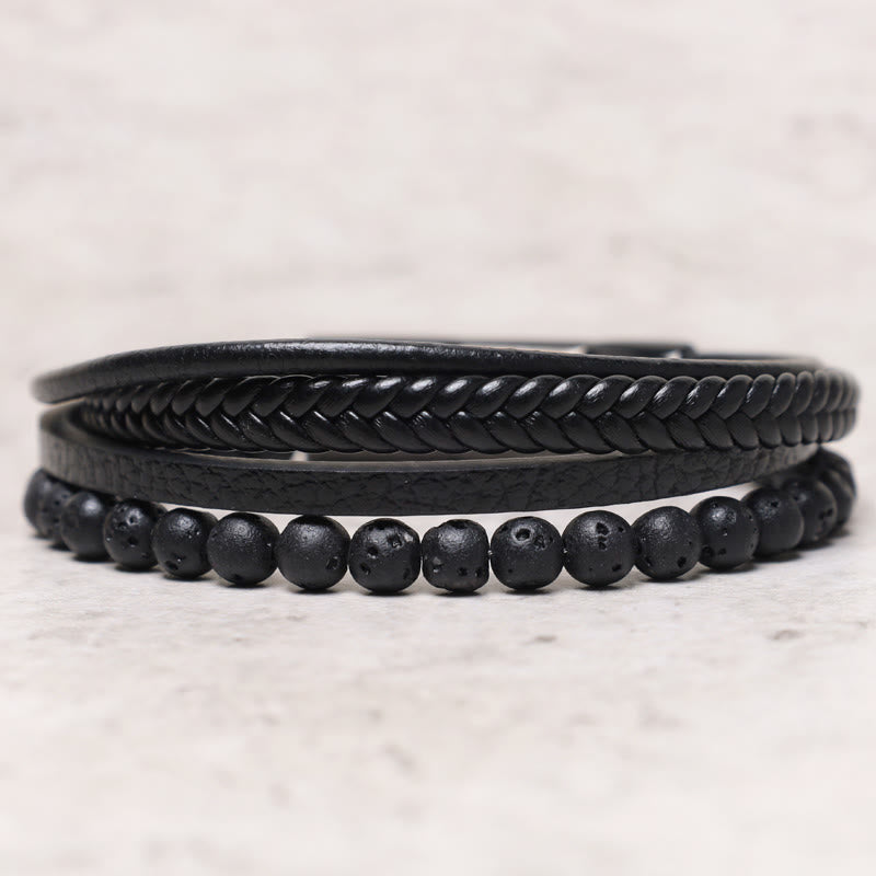 Bracciale in pelle con perline di onice nero e roccia lavica naturale Buddha Stones