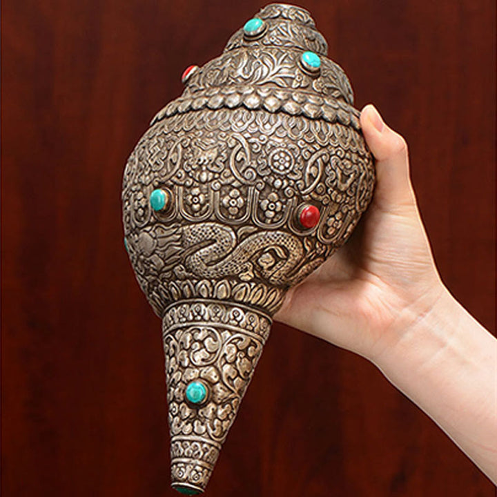Tibetano fatto a mano naturale Shankha inciso otto simboli di buon auspicio conchiglia fortunata decorazione per la casa - image 2
