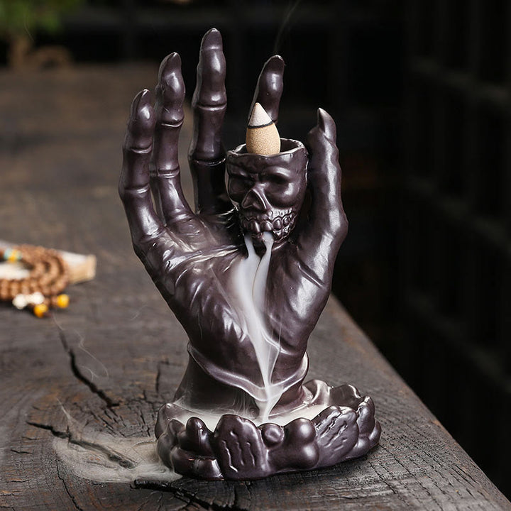 Buddha Stones Halloween Fantasma Mano Teschio Testa Ceramica Pace Guarigione Bruciatore di Incenso Decorazione
