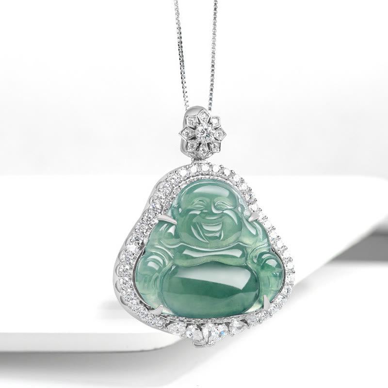 Collana con Buddha Stones in argento sterling 925 con ciondolo a forma di Buddha che ride in giada naturale con catena portafortuna e abbondanza - image 2