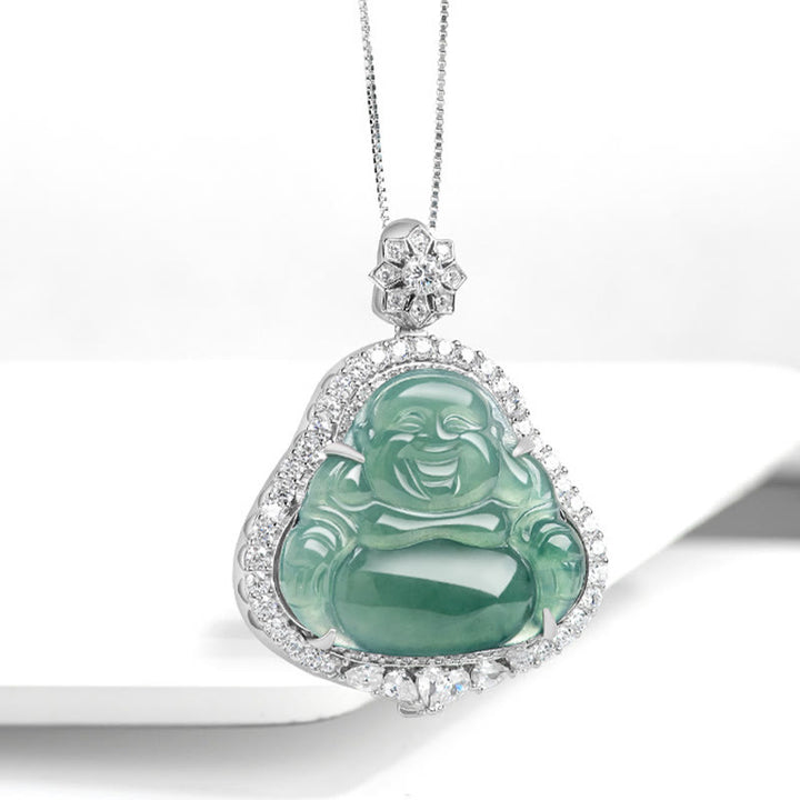 Collana con Buddha Stones in argento sterling 925 con ciondolo a forma di Buddha che ride in giada naturale con catena portafortuna e abbondanza - image 2