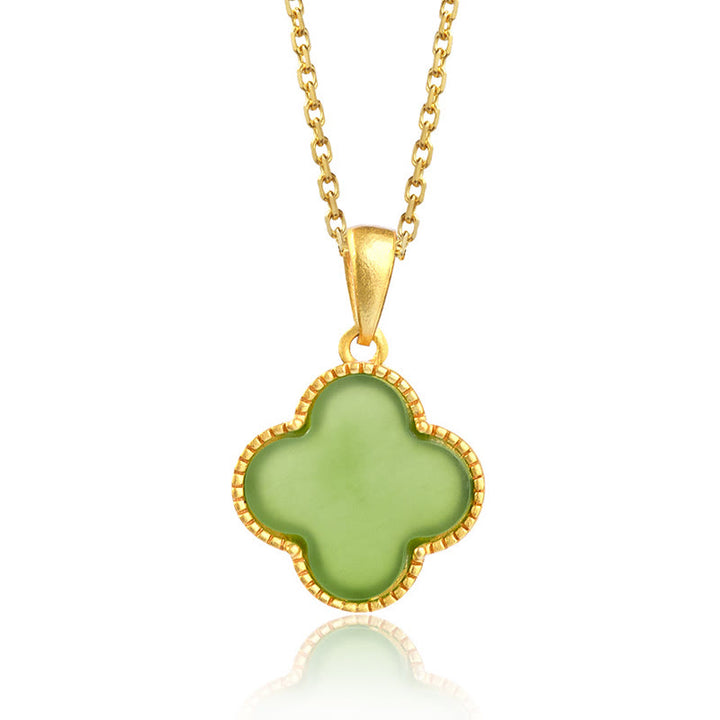 Collana con ciondolo a forma di quadrifoglio con Buddha Stones in argento sterling 925 e giada naturale di Hetian