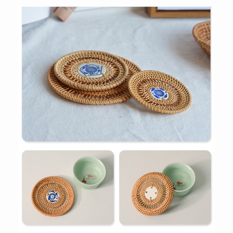 Sottobicchiere per tazza da tè in rattan con motivo floreale in ceramica