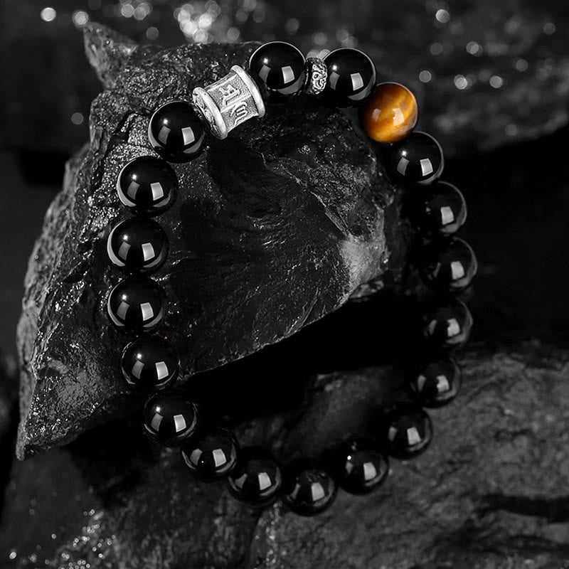 Bracciale Buddha Stones 999 Sterling Silver Ossidiana Nera Occhio di Tigre Om Mani Padme Hum Fulfillment - image 3