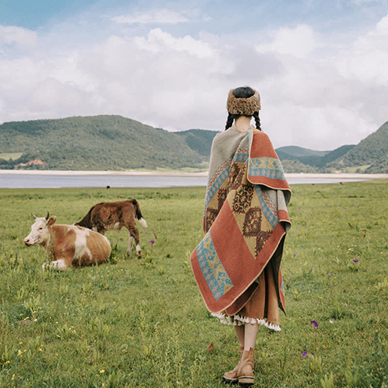 Scialle tibetano con motivo a diamante Buddha Stones, caldo mantello invernale - image 5
