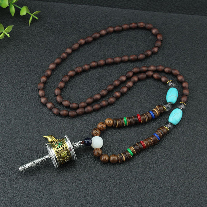 Buddha Stones Tibetano Om Mani Padme Hum Ruota della Preghiera Rotazione Vajra Collana Pendente in Legno - image 5