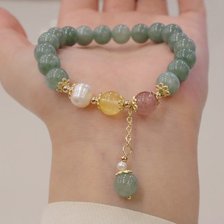 Braccialetto con ciondolo di perle di giada e quarzo fragola, Buddha Stones , abbondanza e fortuna