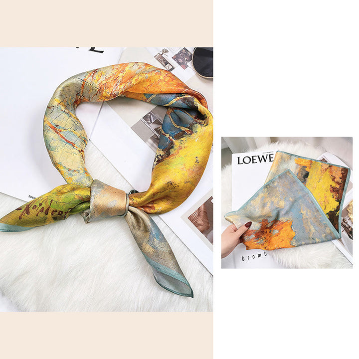 Sciarpa per capelli al collo in seta di gelso al 100%, motivo: Buddha Stones , scena pastorale, mongolfiera, fiori primaverili - Pittura a olio - image 33