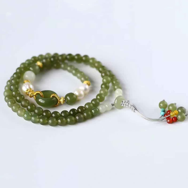 Braccialetto di corda con fibbia della pace, perle di giada Hetian, pietre Buddha Stones e ricchezza