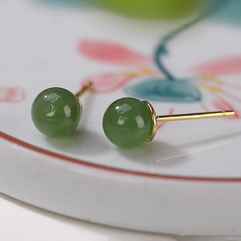 Orecchini a bottone rotondi in argento sterling 925 con Buddha Stones, giada ciano, guarigione e calma