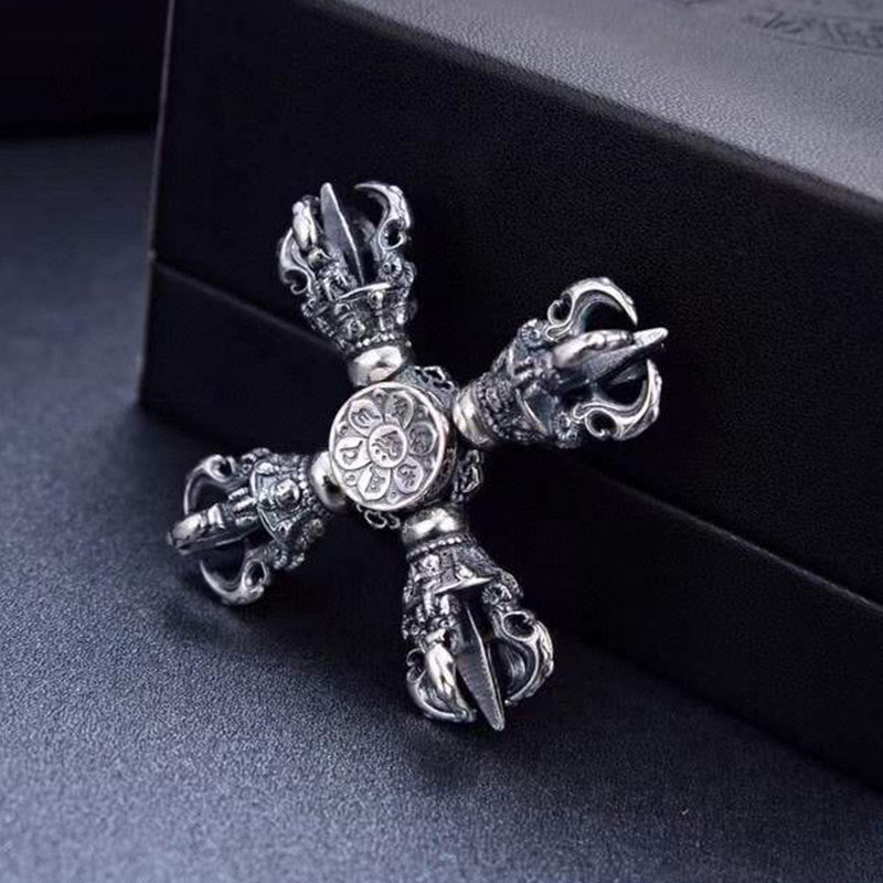 Buddha Stones Tibetano Argento Sterling 925 Doppio Dorje Vajra Inciso Ciondolo Potere Spirituale - Pezzo da gioco a mano 51*50mm - image 0