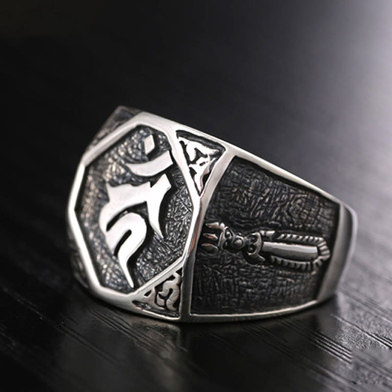 Anello regolabile con protezione intagliata in argento sterling 925 con design sanscrito Buddha Stones