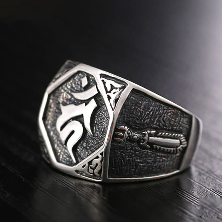 Anello regolabile con protezione intagliata in argento sterling 925 con design sanscrito Buddha Stones