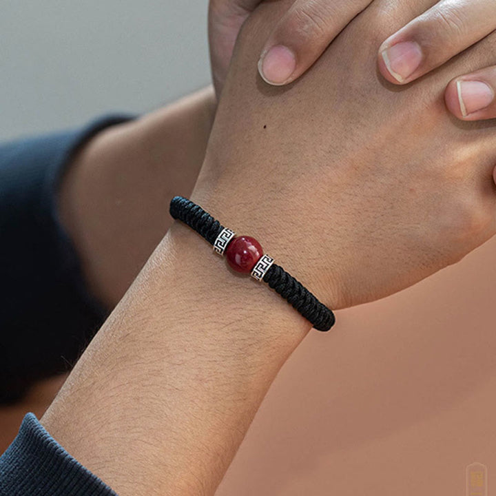 Braccialetto in corda intrecciata fatto a mano con perline di cinabro naturale in argento sterling 925 Buddha Stones