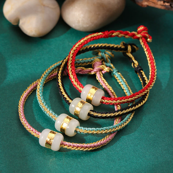 Bracciale intrecciato con carattere Om Mani Padme Hum Fu in giada bianca Hetian con Buddha Stones in oro 999