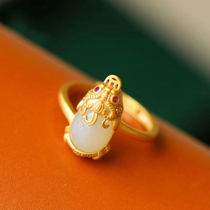 Anello di ricchezza in giada Pixiu placcato oro 18k Buddha Stones