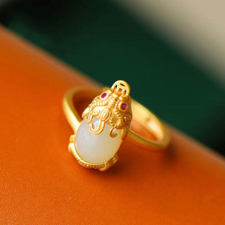 Anello di ricchezza in giada Pixiu placcato oro 18k Buddha Stones