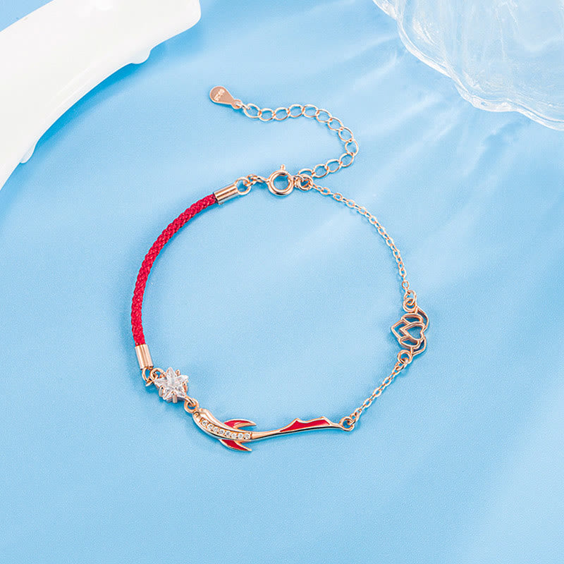 Braccialetto in corda rossa intrecciata con stella di loto e pesce koi in argento sterling 925 Buddha Stones