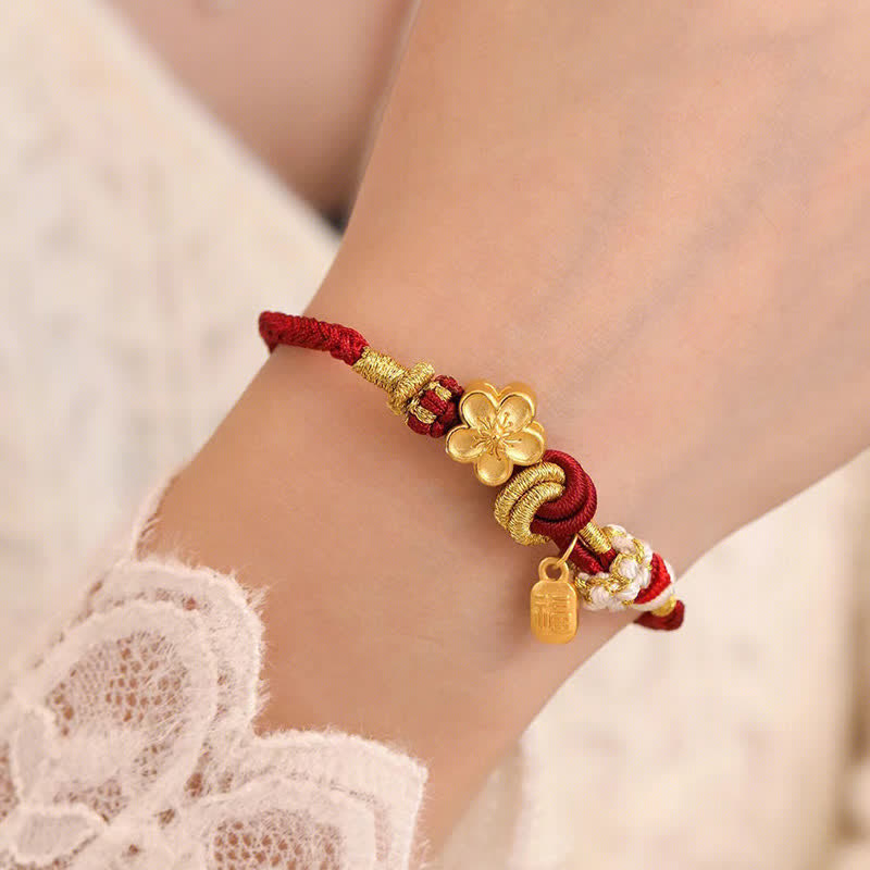 Braccialetto con corda rossa Buddha Stones, ciondolo felicità, fiori di pesco