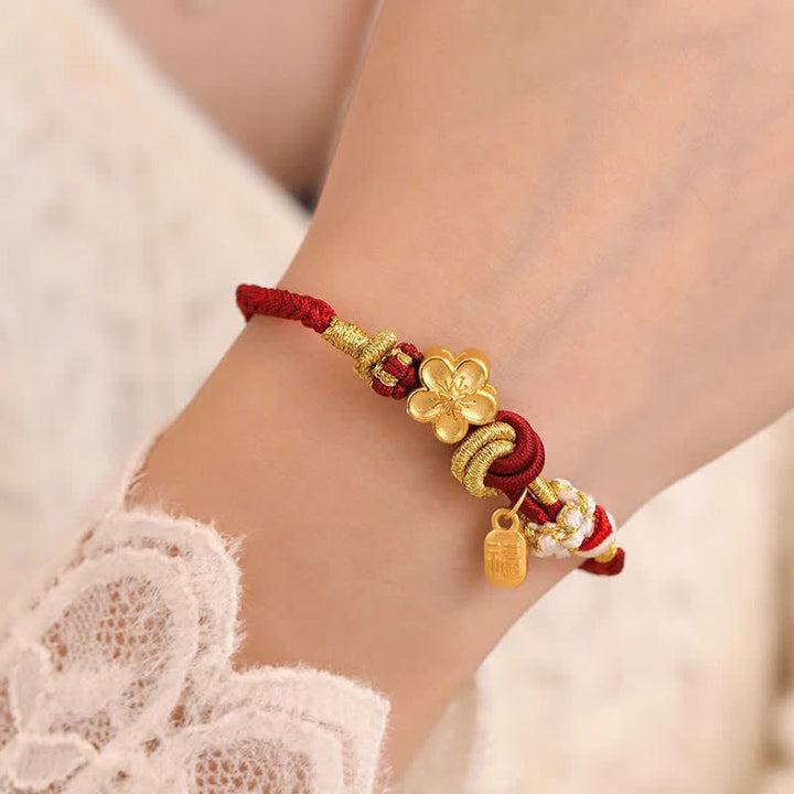 Braccialetto con corda rossa Buddha Stones, ciondolo felicità, fiori di pesco