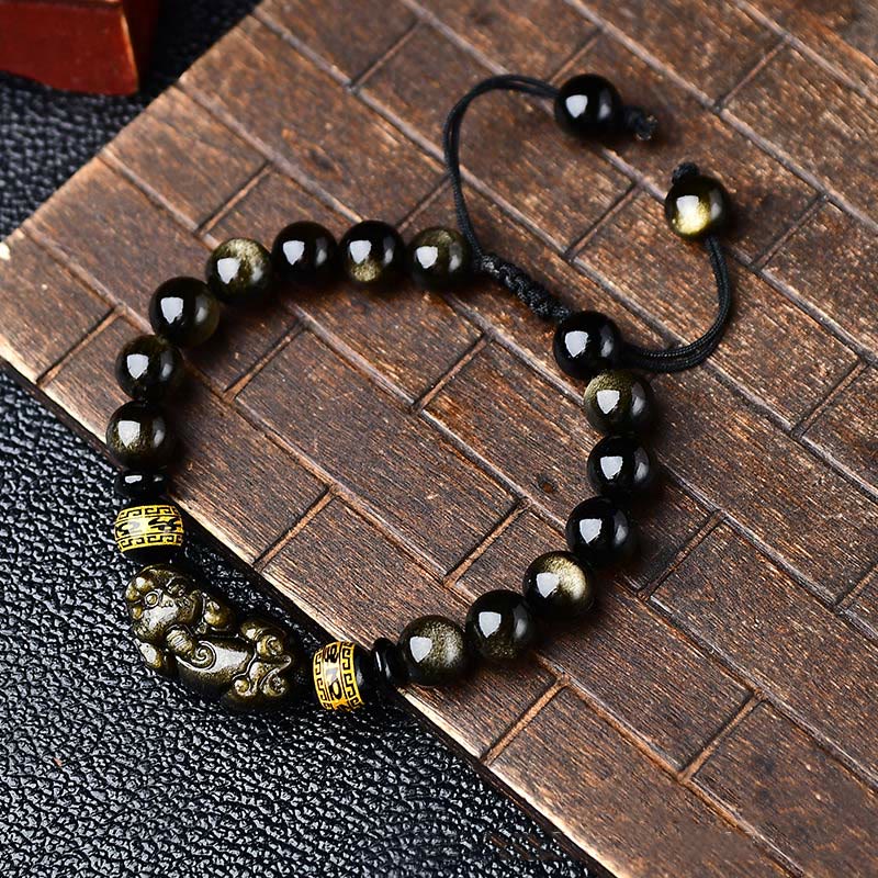 Bracciale intrecciato con Buddha Stones, lucentezza naturale dell'oro, ossidiana, PiXiu Om Mani Padme Hum, ricchezza