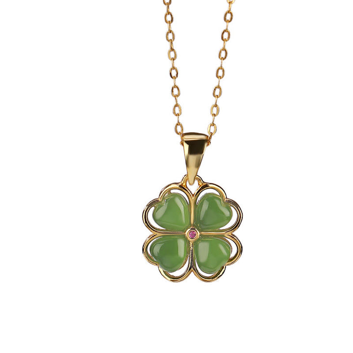 Collana con ciondolo a forma di quadrifoglio fortunato con Buddha Stones in argento sterling 925, giada ciano Hetian, guarigione