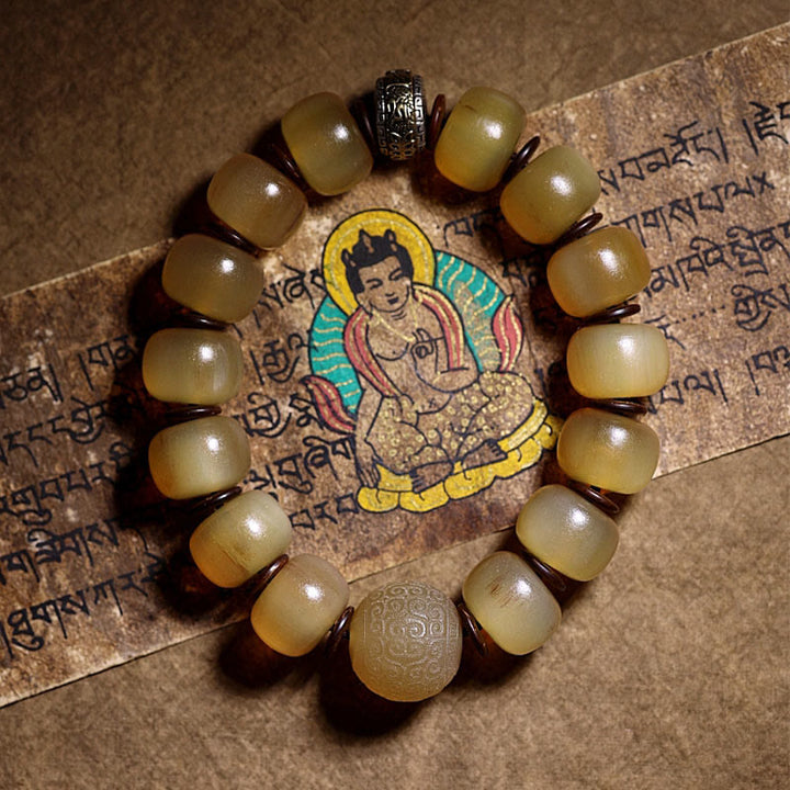 Braccialetto di auspicio Om Mani Padme Hum in corno di pecora tibetano fatto a mano con Buddha Stones