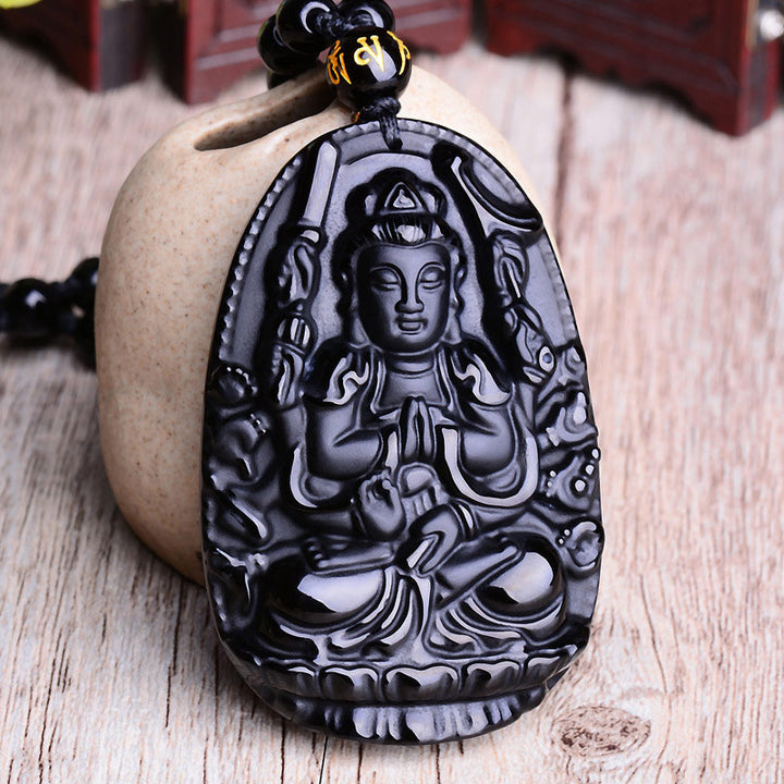 Buddha Stones Zodiaco Cinese Ossidiana Buddha Amuleto Protezione Ciondolo Collana - image 1