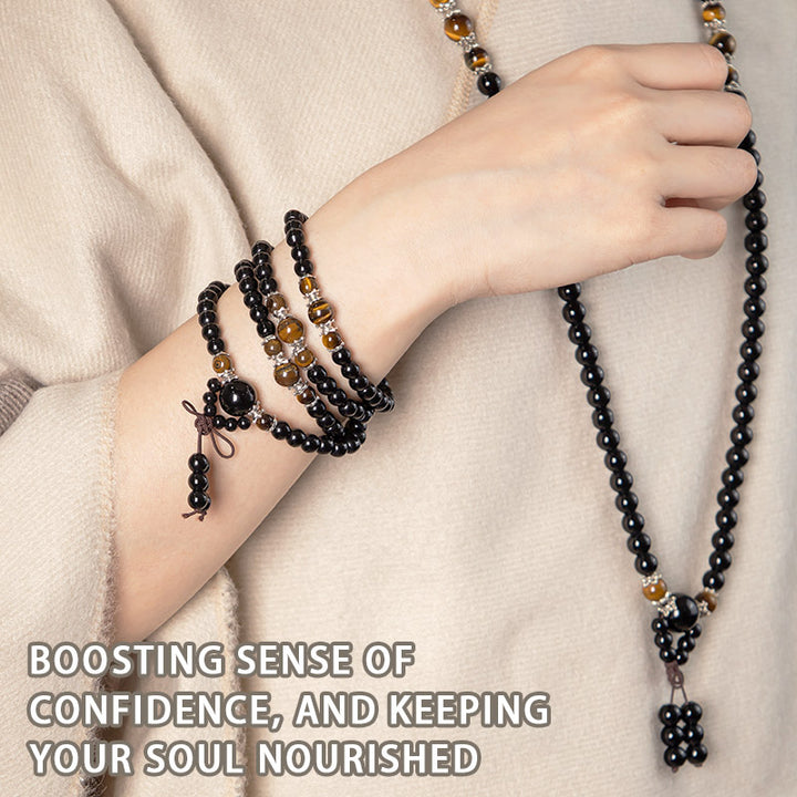 Buddha Stones Bracciale Mala con 108 perle in ossidiana nera naturale e occhio di tigre - image 3
